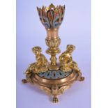 A 19TH CENTURY FRENCH BRONZE AND ENAMEL POSY VASE HOLDER BASE in the manner of Barbedienne. 13 cm x