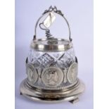 A RARE ANTIQUE SILVER PLATED CRYSTAL BISCUIT BARREL AND COVER. 22 cm x 19 cm.