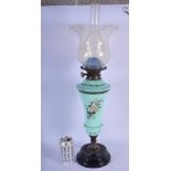 A LATE VICTORIAN GREEN OPALINE JAMES HINKS & SON ENAMELLED LAMP with shade and funnel. 58 cm high no