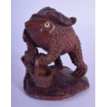 A JAPANESE CARVED BOXWOOD FIGURE OF A TOAD overlaid with a lotus flower. 10 cm x 6 cm.