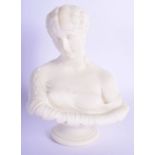 A 19TH CENTURY ENGLISH PARIAN WARE BUST OF A FEMALE modelled in flowing robes upon a pedestal. 20 cm