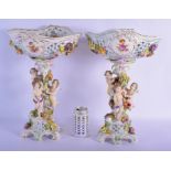 A LARGE PAIR OF EARLY 20TH CENTURY CONTINENTAL PORCELAIN PEDESTAL COMPORTS decorated with figures up