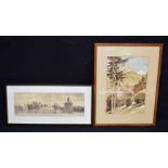 A framed signed watercolour of a building together with another by Karl Schiller 29 x 20cm (2)