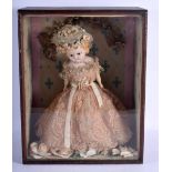 A RARE ANTIQUE GLASS CASED DOLL DIORAMA formed as a porcelain head girl within an interior. 45 cm x