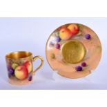 Royal Worcester coffee can and saucer painted with fruit by A. Shuck, signed, date code for 1939. C