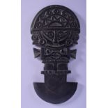 AN UNUSUAL SOUTH AMERICAN CARVED LAVA STONE ARCHAIC TOOL modelled as a standing god. 18 cm x 8 cm.