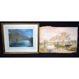 Charles Pyne Watercolour of a riverside scene and a framed print 50 x 34cm (2)