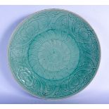 A LARGE 19TH CENTURY CHINESE CELADON CIRCULAR PORCELAIN DISH Qing. 40 cm diameter.