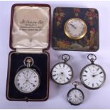FOUR ANTIQUE SILVER POCKET AND FOB WATCHES and a strut clock. Silver 270 grams overall. (5)