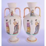 A PAIR OF 19TH CENTURY EUROPEAN TWIN HANDLED PORCELAIN VASES After the Antiquity. 25 cm high.