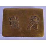 A LATE 19TH CENTURY JAPANESE MEIJI PERIOD BRASS TOBACCO BOX AND COVER decorated with two samurai. 13
