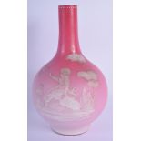 AN ANTIQUE MARY GREGORY PEACH BLOOM TYPE GLASS VASE enamelled with figures. 24 cm high.
