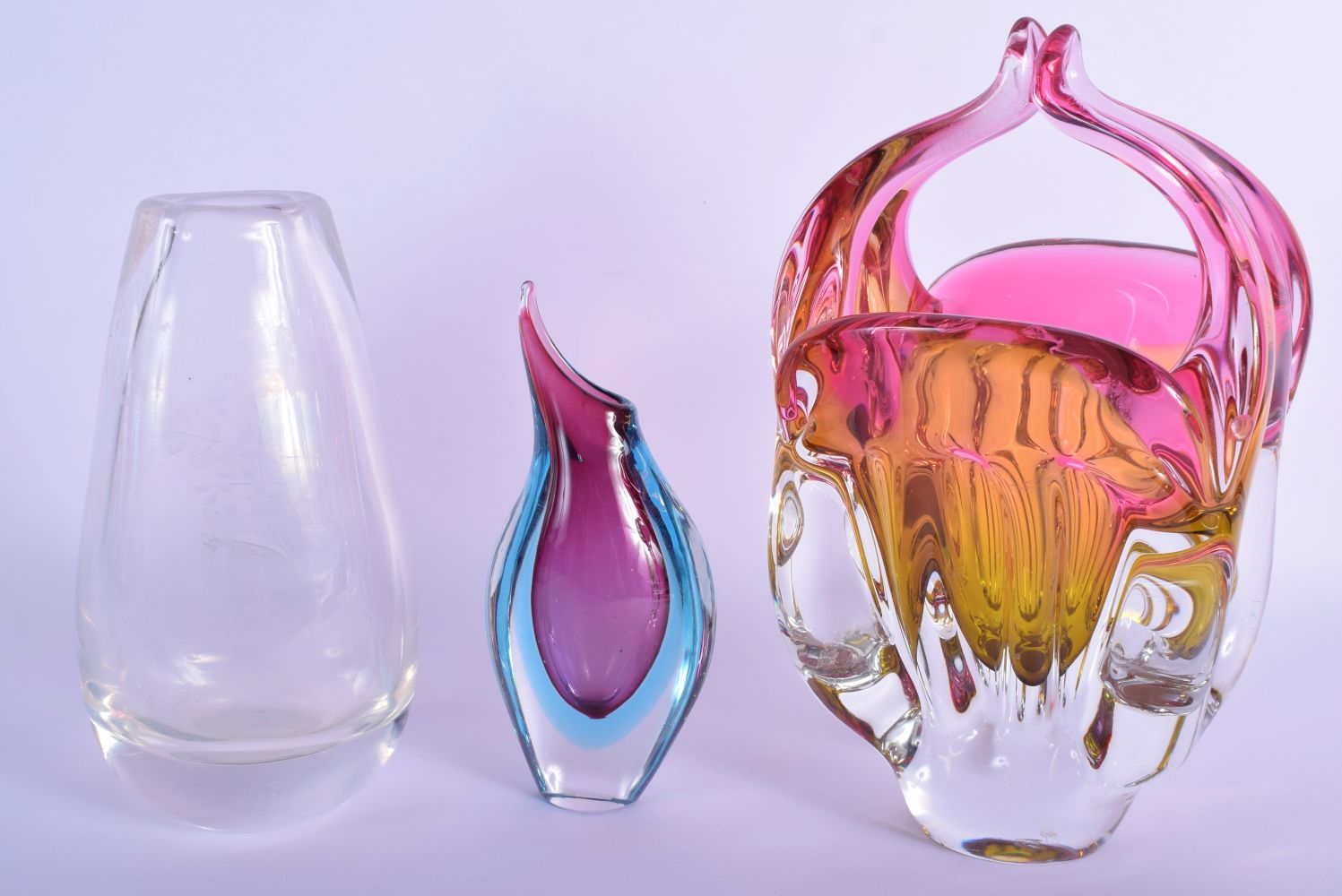 A 1960S MURANO HEAVY ART GLASS BASKET together with a similar vase and another. Largest 25 cm x 11 c - Image 2 of 2