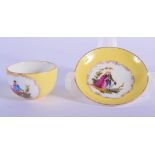 A MINIATURE 19TH CENTURY MEISSEN PORCELAIN CUP AND SAUCER painted with figures. 5.5 cm diameter.