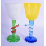 A PAIR OF VINTAGE EUROPEAN MULTI COLOURED GLASS SNAKE GOBLETS. 21 cm high.