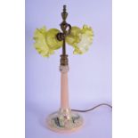 A LARGE ANTIQUE PAINTED GLASS CANDLESTICK LAMP decorated with foliage. 51 cm high.