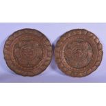A PAIR OF 19TH CENTURY SINO TIBETAN TURQUOISE JEWELLED COPPER DISHES depicting Buddhistic figures. 2