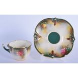 Hadley’s Worcester shaped cup and saucer with coloured clay moulding painted with roses c. 1890’s ma