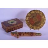 AN UNUSUAL EARLY 20TH CENTURY INDIAN ENAMELLED CALENDAR together with a pipe & a spinning tin box. L