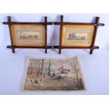 A PAIR OF ANTIQUE STEVENOGRAPHS together with a fox hunting watercolour. Largest 30 cm x 24 cm. (3)