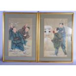 A RARE PAIR OF 19TH CENTURY JAPANESE MEIJI PERIOD PAINTED SILK WATERCOLOURS modelled building snowme