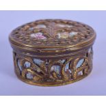 AN UNUSUAL 18TH CENTURY BILSTON ENAMELLED PATCH BOX overlaid with Continental gilt metal mounts. 4.5