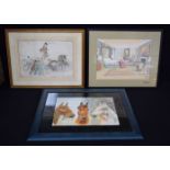 A framed watercolour of Grand national winners together with another watercolour and a print 36 x 27