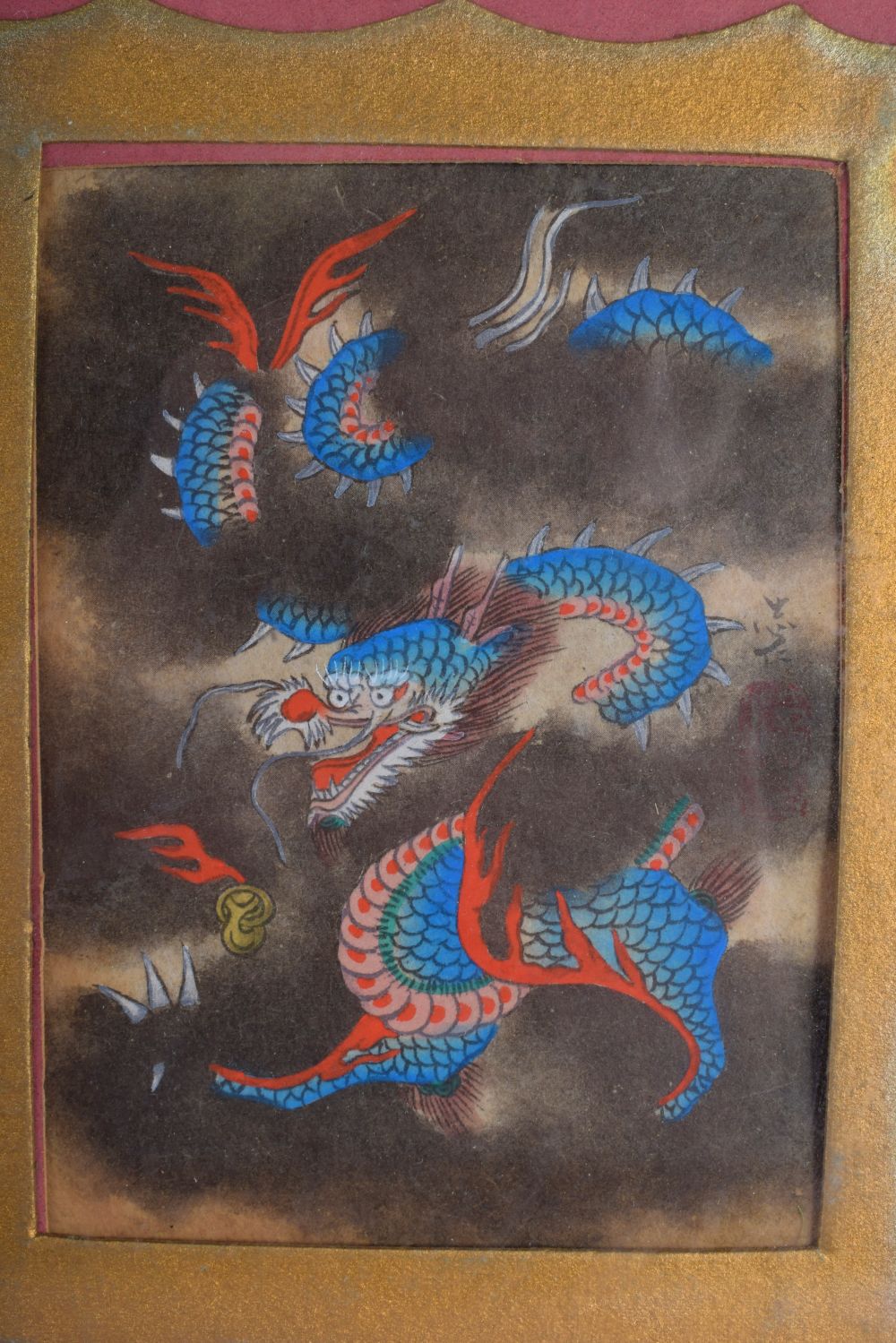 AN UNUSUAL 19TH CENTURY JAPANESE MEIJI WATERCOLOUR PAINTING depicting a blue and red dragon. Image 1 - Bild 2 aus 4