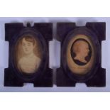 TWO 18TH/19TH CENTURY EUROPEAN NAIVE WATERCOLOUR PORTRAITS within felt frames. Image 8 cm x 5 cm.