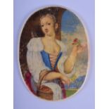 AN EARLY 18TH CENTURY ENGLISH PAINTED IVORY PIQUE WORK PORTRAIT MINIATURE depicting a female holding