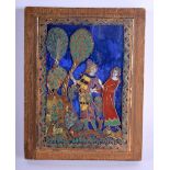 A VERY UNUSUAL ARTS AND CRAFTS ENAMELLED GLASS AND WOOD PLAQUE painted with Medieval figures within