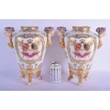 A LARGE PAIR OF 19TH CENTURY GERMAN AUGUSTUS REX PORCELAIN VASES with bold figural handles, painted