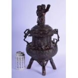A LARGE 19TH CENTURY JAPANESE MEIJI PERIOD TWIN HANDLED BRONZE VASE AND COVER modelled as a seated s