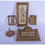 AN EARLY 20TH CENTURY MIDDLE EASTERN PERSIAN MICRO MOSAIC DESK SET etc. Largest 23.5 cm wide. (6)