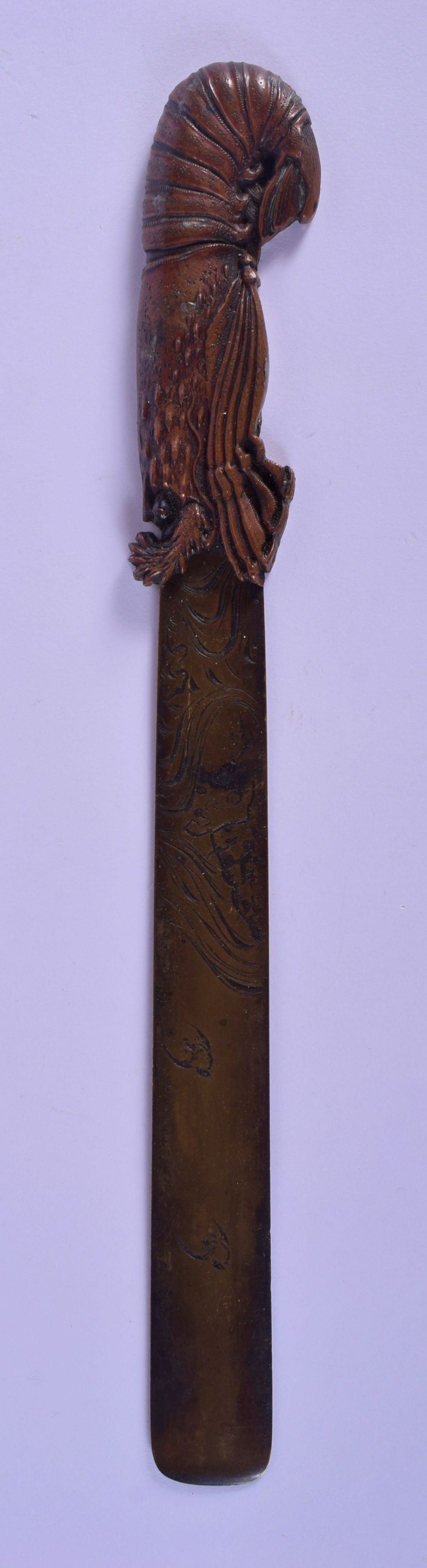 A 19TH CENTURY JAPANESE MEIJI PERIOD MIXED METAL LETTER OPENER with lobster handle and engraved blad