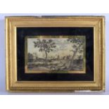 A GEORGE III SILK LANDSCAPE. Image 17 cm x 13 cm.