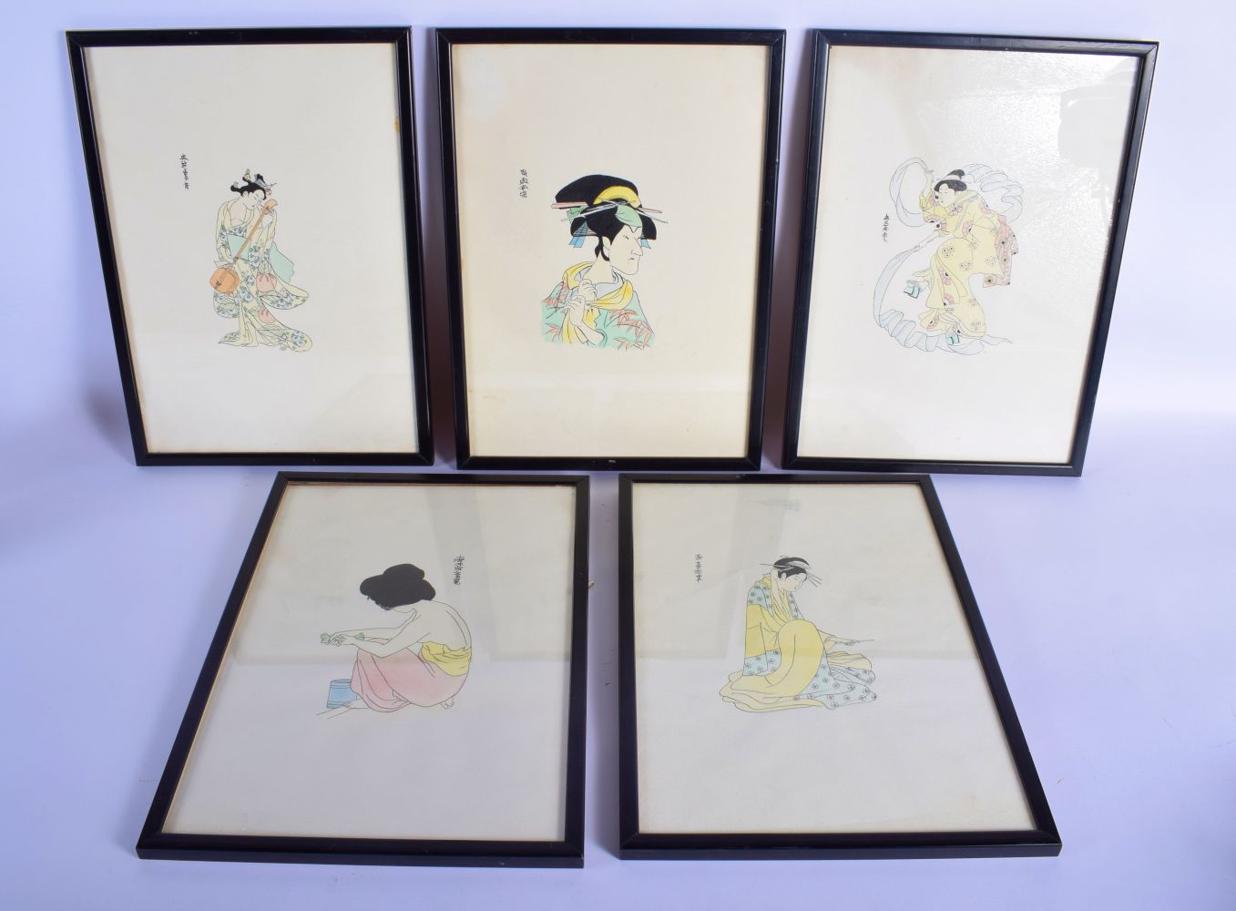 Japanese School (C1930) 10 x Watercolours, Figures in various pursuits. Image 35 cm x 26 cm. (10)