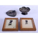 A PAIR OF REGENCY SILHOUETTES PORTRAIT MINIATURES together with a silver inlaid dish etc. Largest 9
