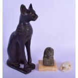 A 19TH CENTURY EGYPTIAN GRAND TOUR FIGURE OF A SPHINX CAT together with a bust of a pharaoh and a sc