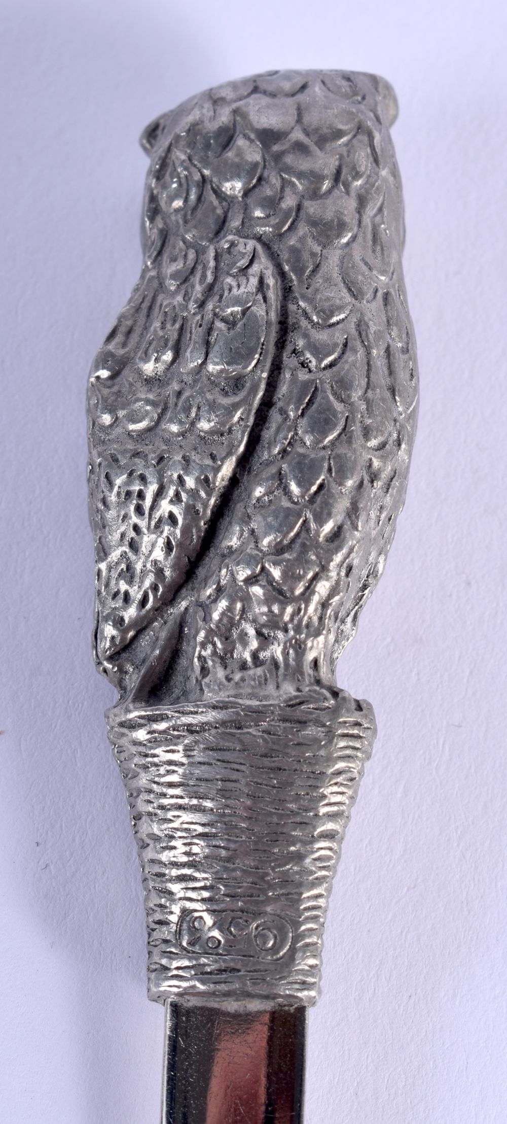 A CHARMING VINTAGE WHITE METAL OWL LETTER OPENER. 94 grams. 18 cm long. - Image 4 of 4