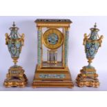A FINE 19TH CENTURY FRENCH BRONZE AND CHAMPLEVE ENAMEL CLOCK GARNITURE decorated with foliage and vi