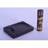 AN EARLY 20TH CENTURY CHINESE CARVED BLACK INK STONE BRUSH WASHER together with a dragon ink stick.