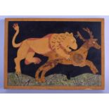A 19TH CENTURY ITALIAN GRAND TOUR RECTANGULAR BLACK MARBLE PANEL depicting a lion clambering over a