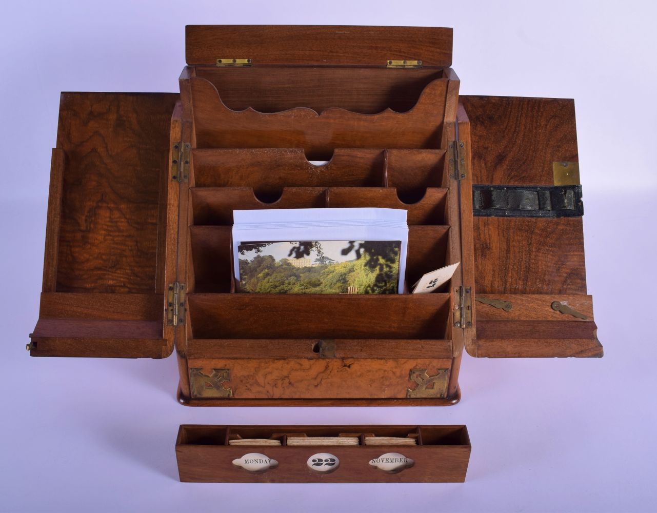 AN EARLY VICTORIAN BURR WALNUT GENTLEMAN'S STATIONARY DESK CABINET with assorted internal compartmen - Image 3 of 3