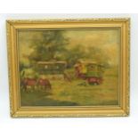 A framed oil on canvas depicting caravans in a rural scene 28 x 36cm.
