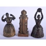 A PAIR OF REGENCY COLD PAINTED BRONZE BELLS together with a novelty brass iron maiden. 11 cm high. (