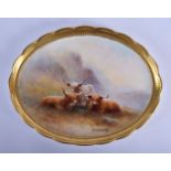 Ex-Royal Worcester artist Milwyn Holloway ,oval dish finely painted with Highland Cattle in a mounta