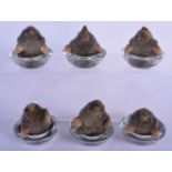 A RARE SET OF SIX EDWARDIAN CRYSTAL GLASS MOLE TABLE DECORATIONS possibly menu holders or place mark
