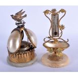AN ANTIQUE FRENCH PALAIS ROYALE MOTHER OF PEARL THERMOMETER and a similar bell. Largest 10 cm high.