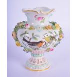 A 19TH CENTURY MEISSEN ENCRUSTED PORCELAIN VASE painted with birds and flowers. 10 cm high.